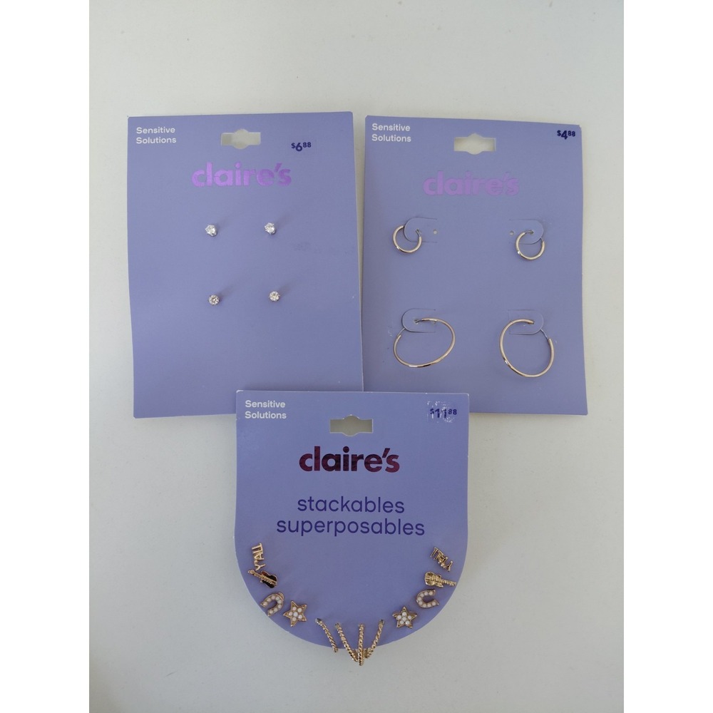 Set of‎ 3 Claire's Sensitive Solutions Earrings Studs Hoops 10 pair NEW